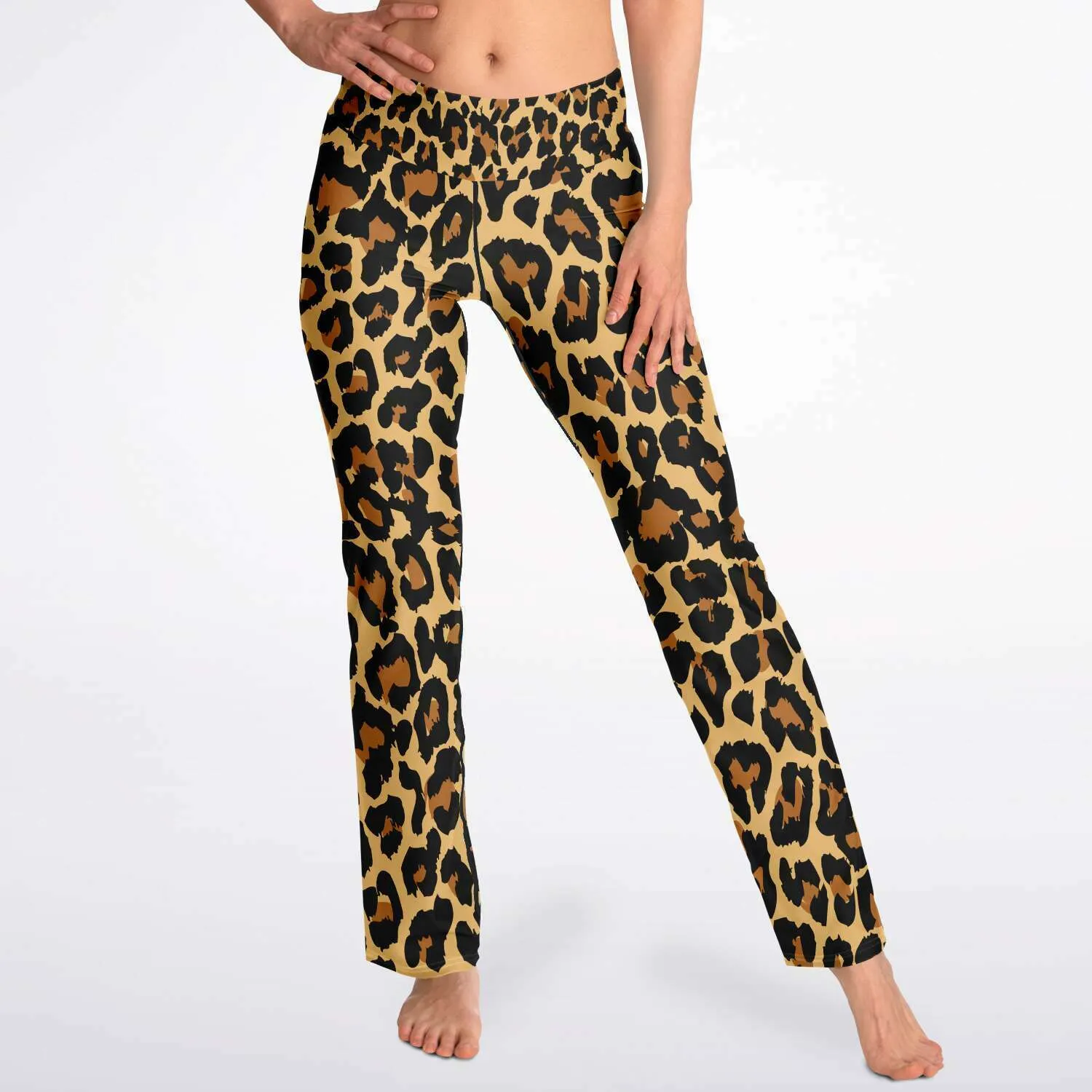 Leopard Flared Leggings, Animal Cheetah Print High Waisted Yoga Designer with Pockets Stretch Workout Sexy Flare Pants