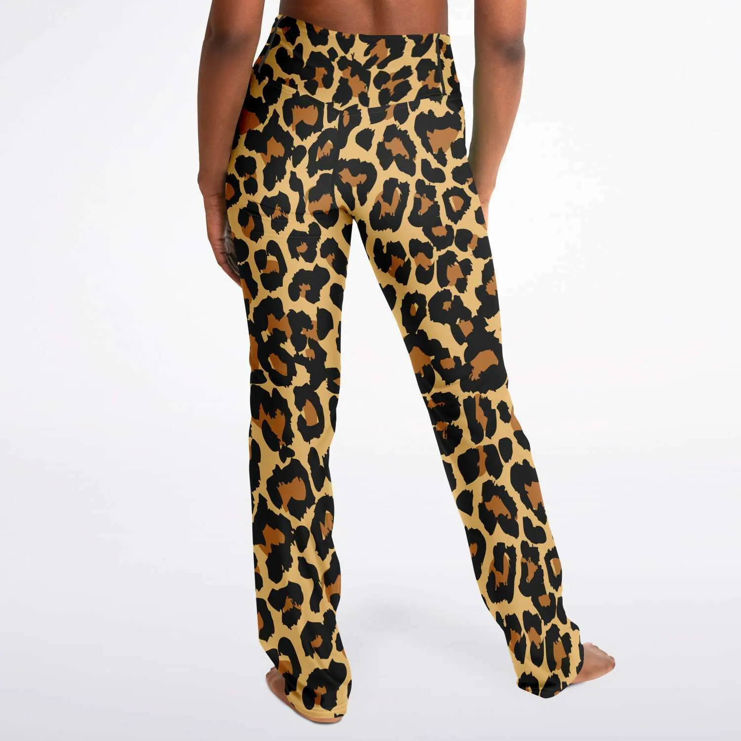 Leopard Flared Leggings, Animal Cheetah Print High Waisted Yoga Designer with Pockets Stretch Workout Sexy Flare Pants