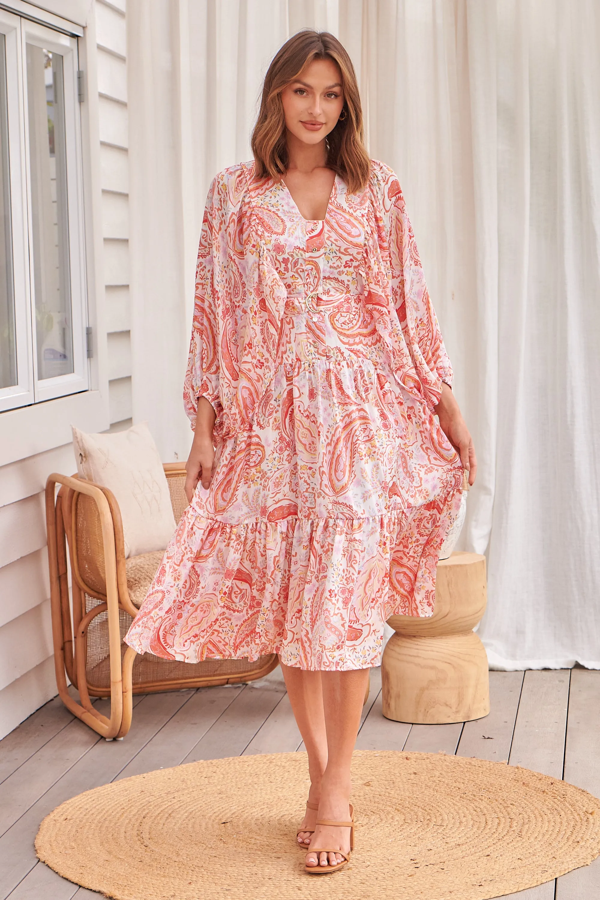 Liliana Peach Floral Print Long Sleeve Tie Up Dress