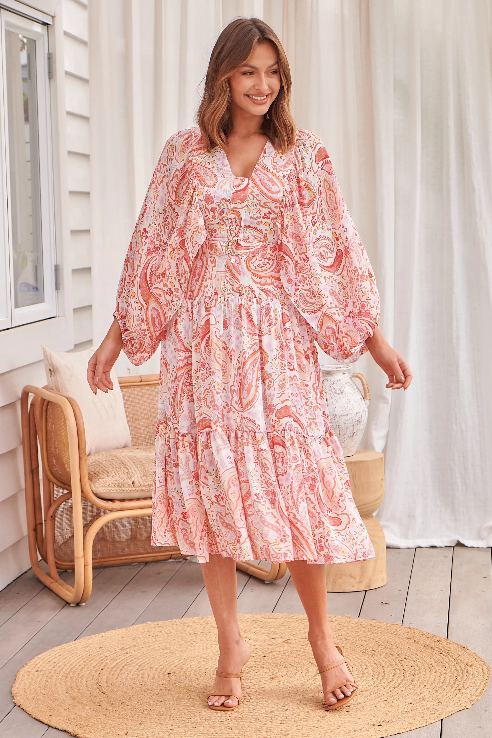 Liliana Peach Floral Print Long Sleeve Tie Up Dress