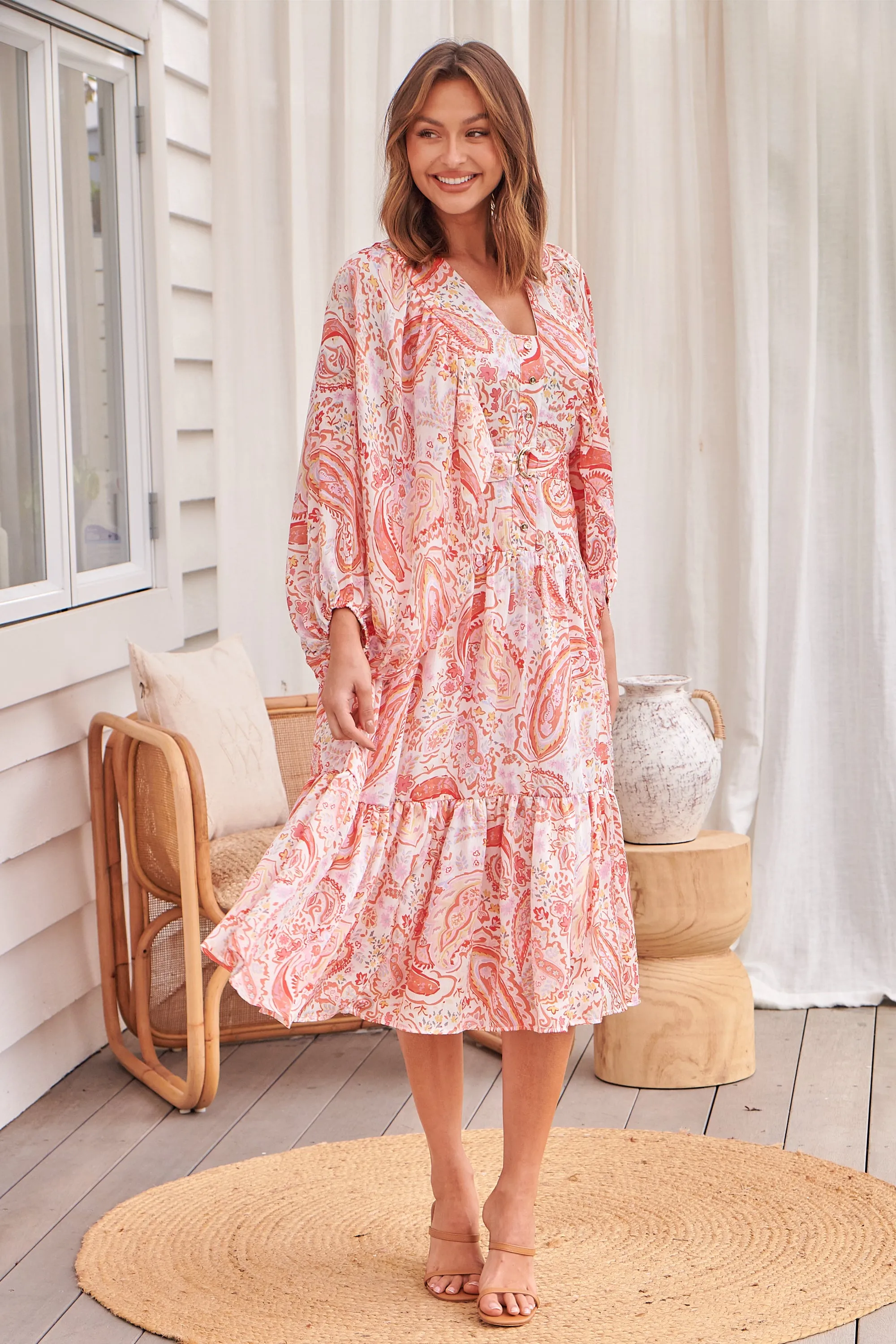 Liliana Peach Floral Print Long Sleeve Tie Up Dress