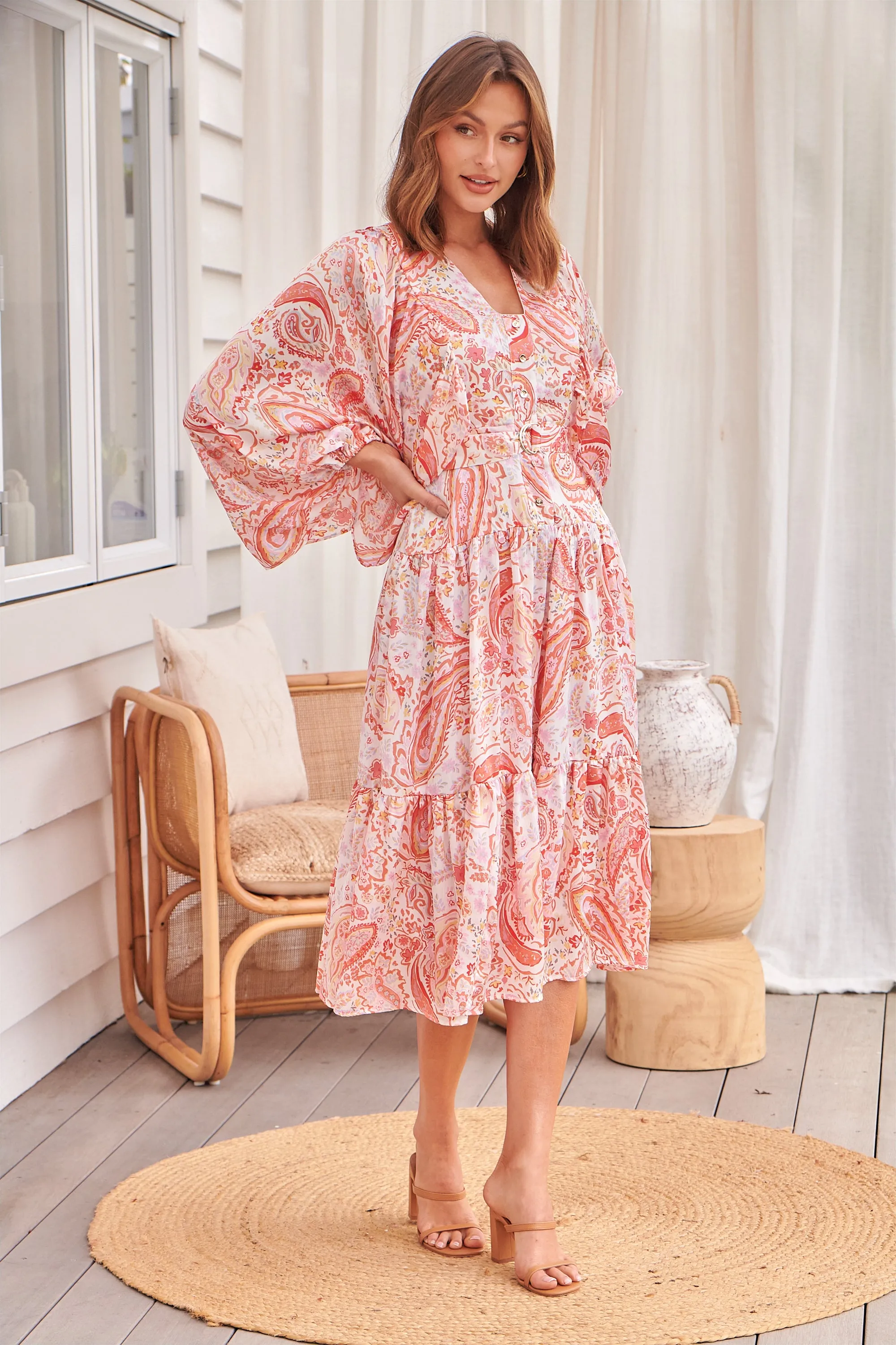 Liliana Peach Floral Print Long Sleeve Tie Up Dress