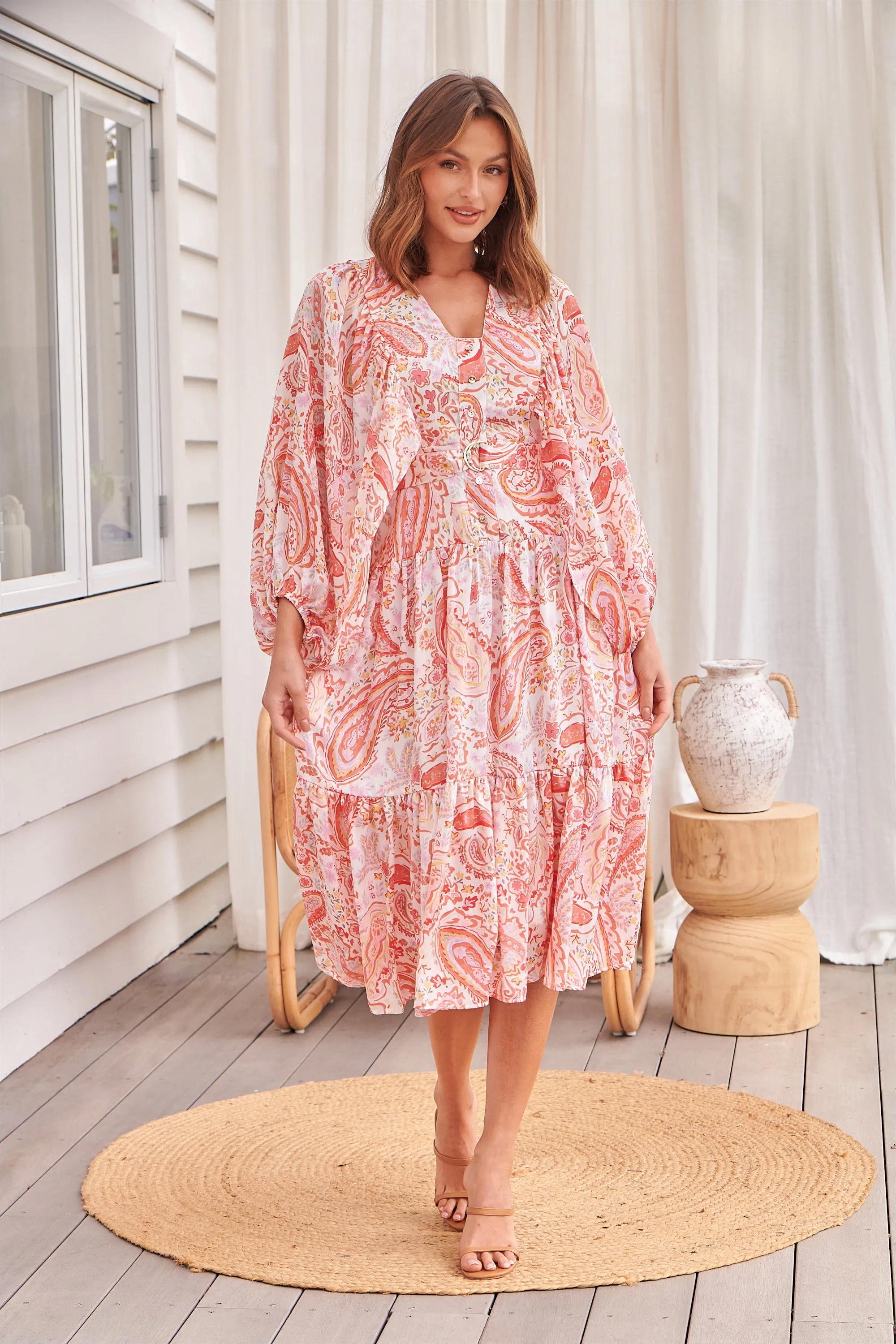 Liliana Peach Floral Print Long Sleeve Tie Up Dress