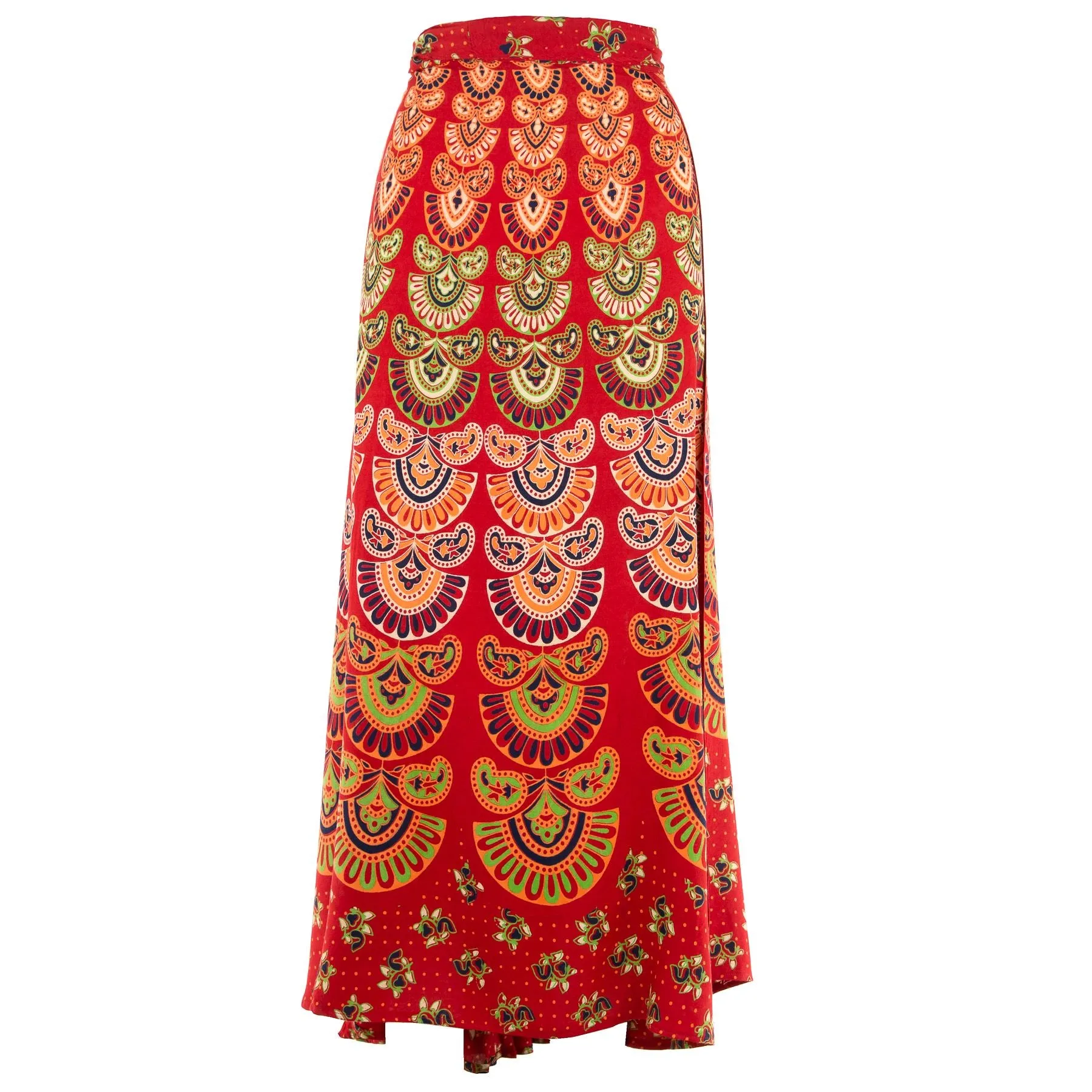 Long Maxi Wrap Skirt with Block Print Mandala - Red & Lime Green