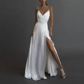 Long Split V-Neck Solid Maxi White Dress