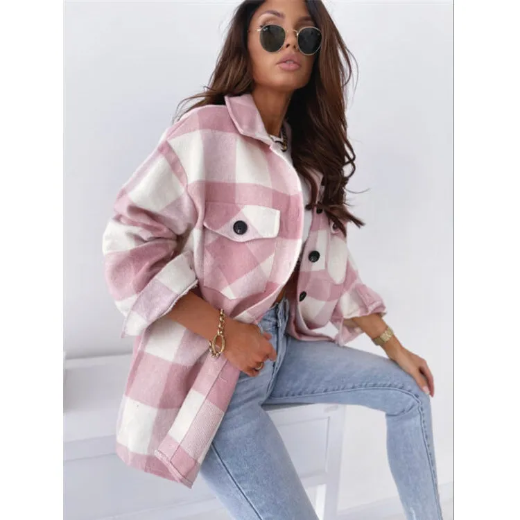 Loose Plaid Woolen Long-sleeved Jacket