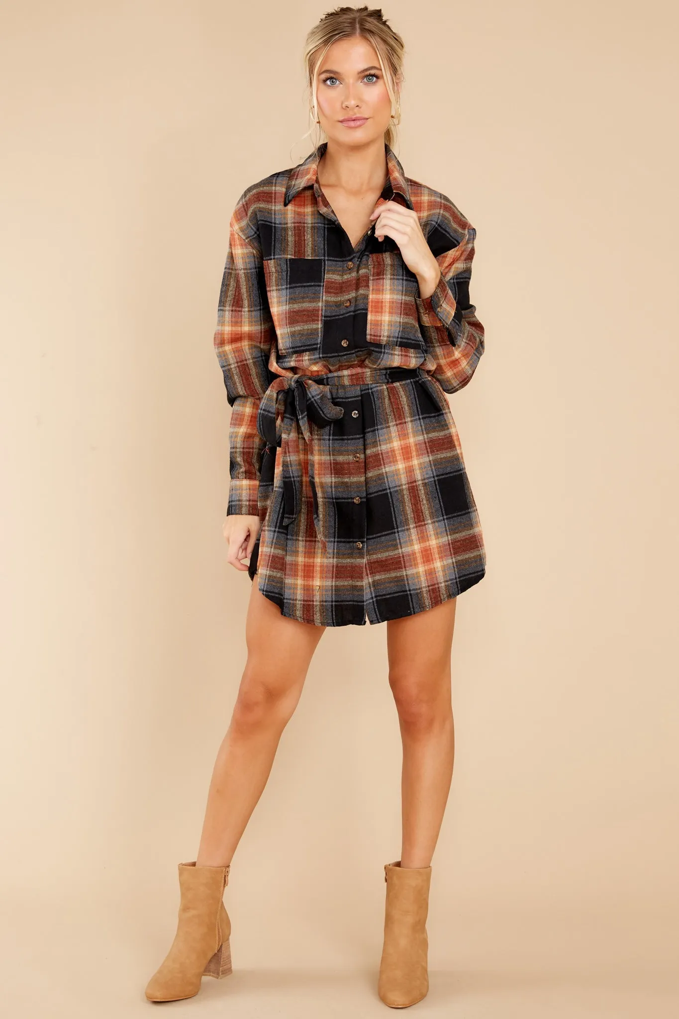 Make Time Black And Rust Plaid Dress