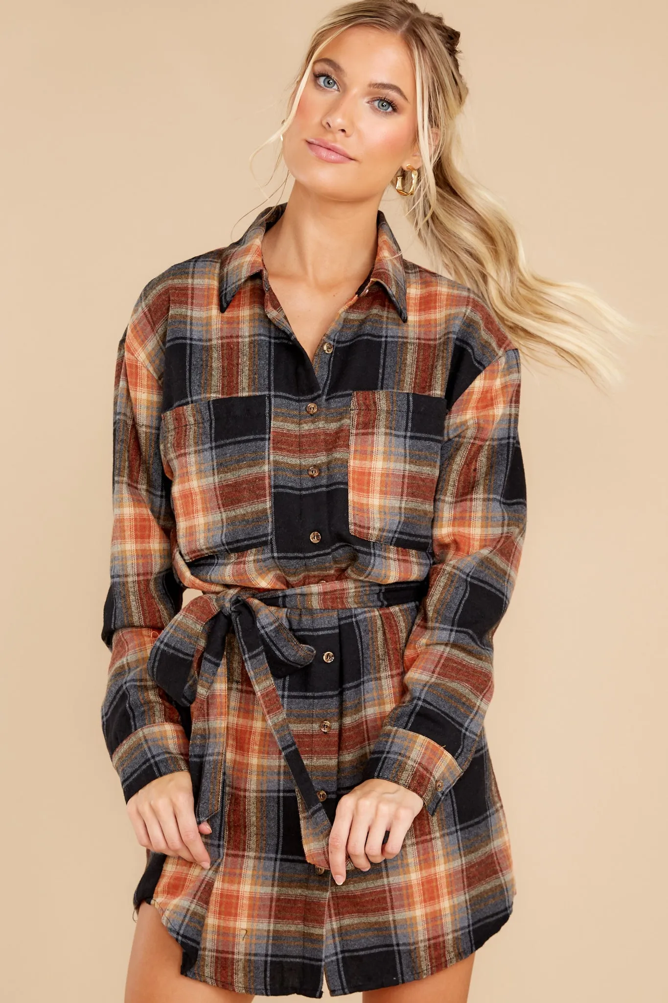 Make Time Black And Rust Plaid Dress