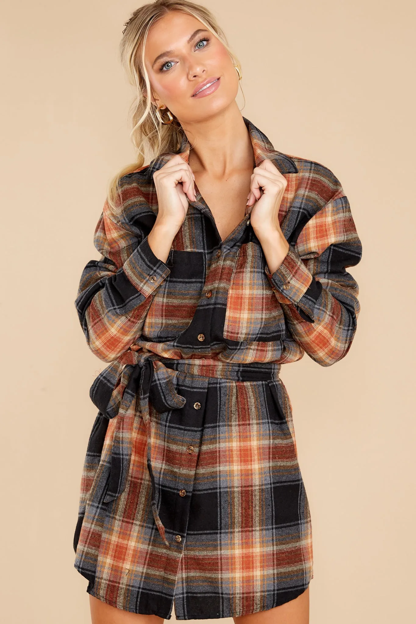 Make Time Black And Rust Plaid Dress