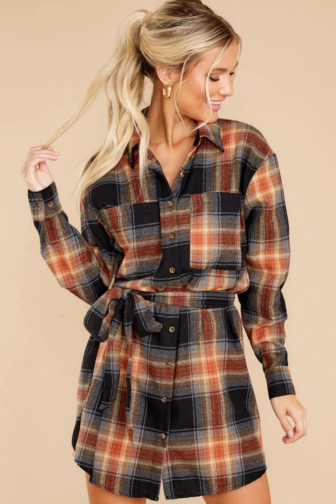 Make Time Black And Rust Plaid Dress