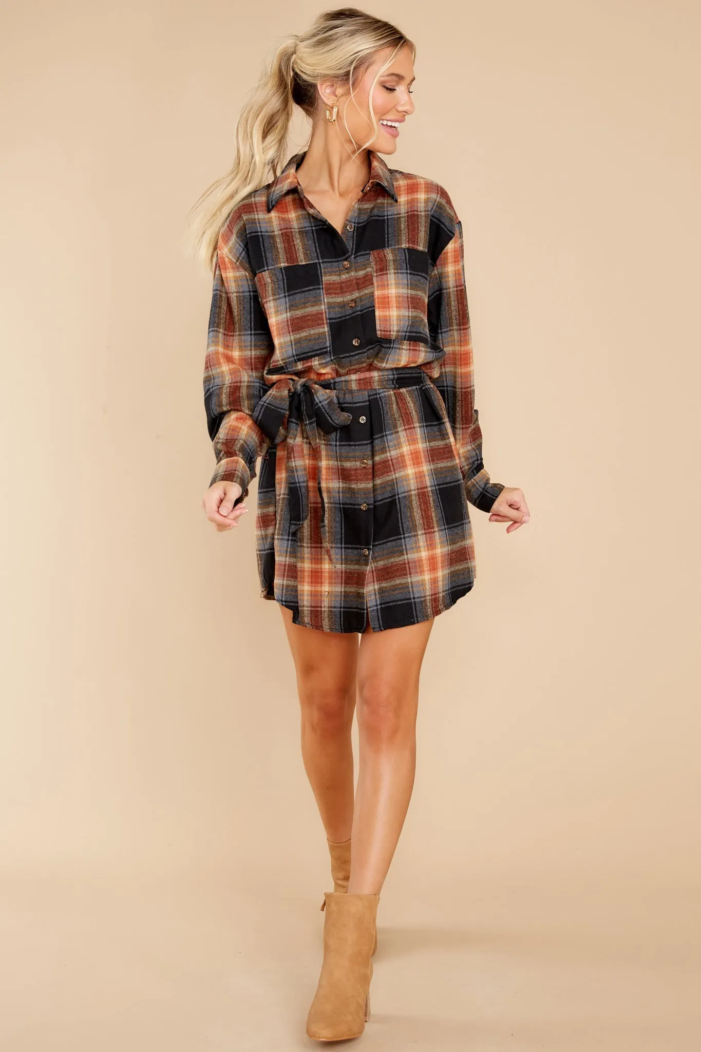 Make Time Black And Rust Plaid Dress