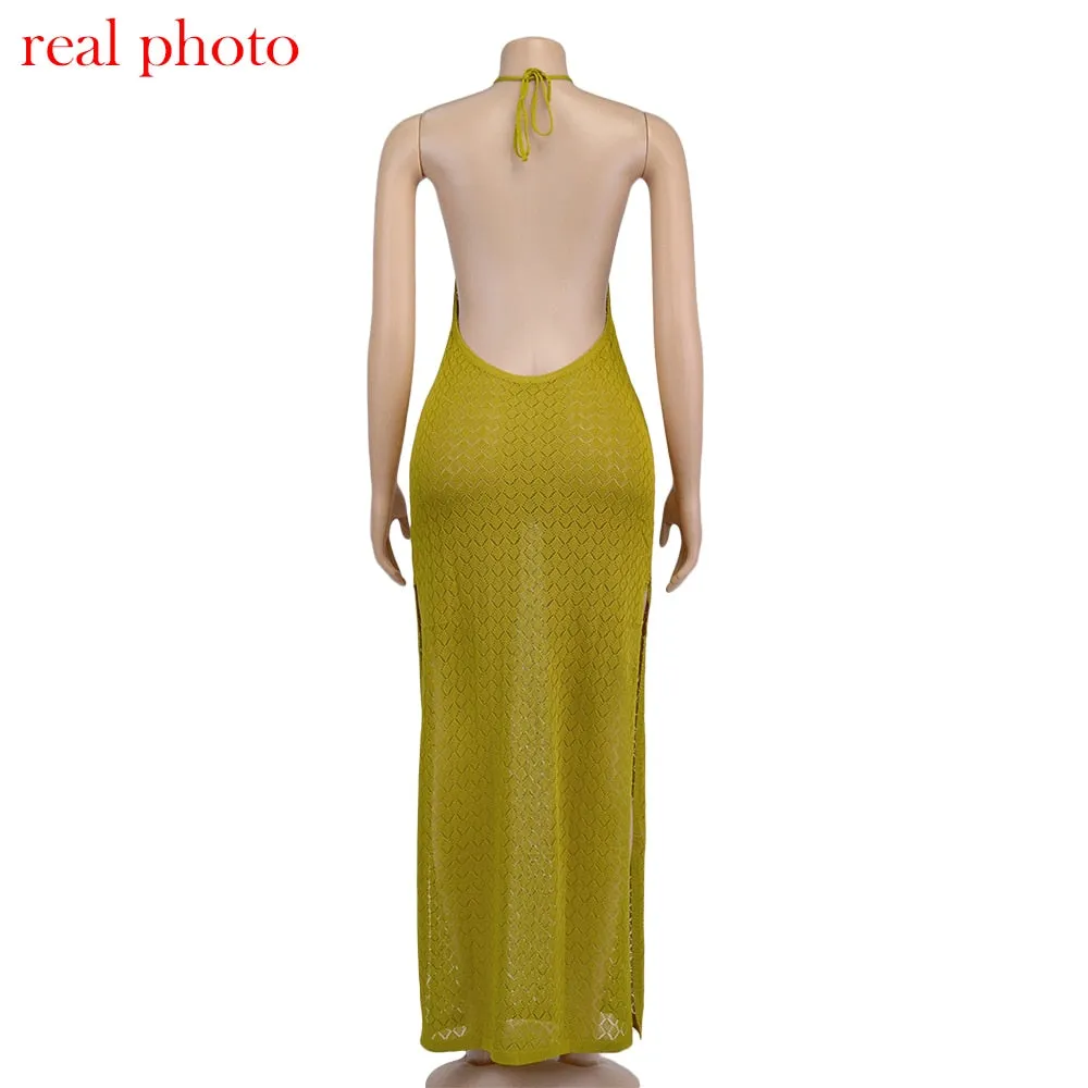 Makenna Knitted See-Through Backless Maxi Dress