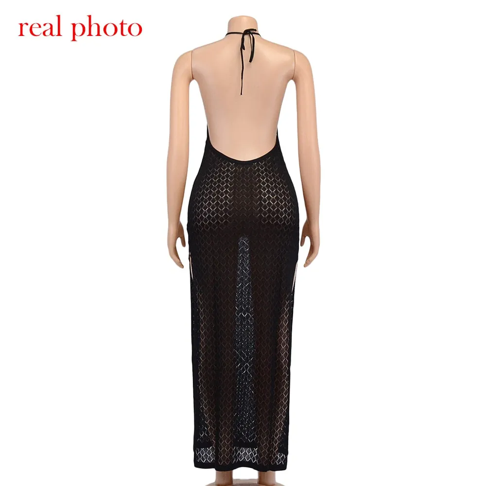 Makenna Knitted See-Through Backless Maxi Dress