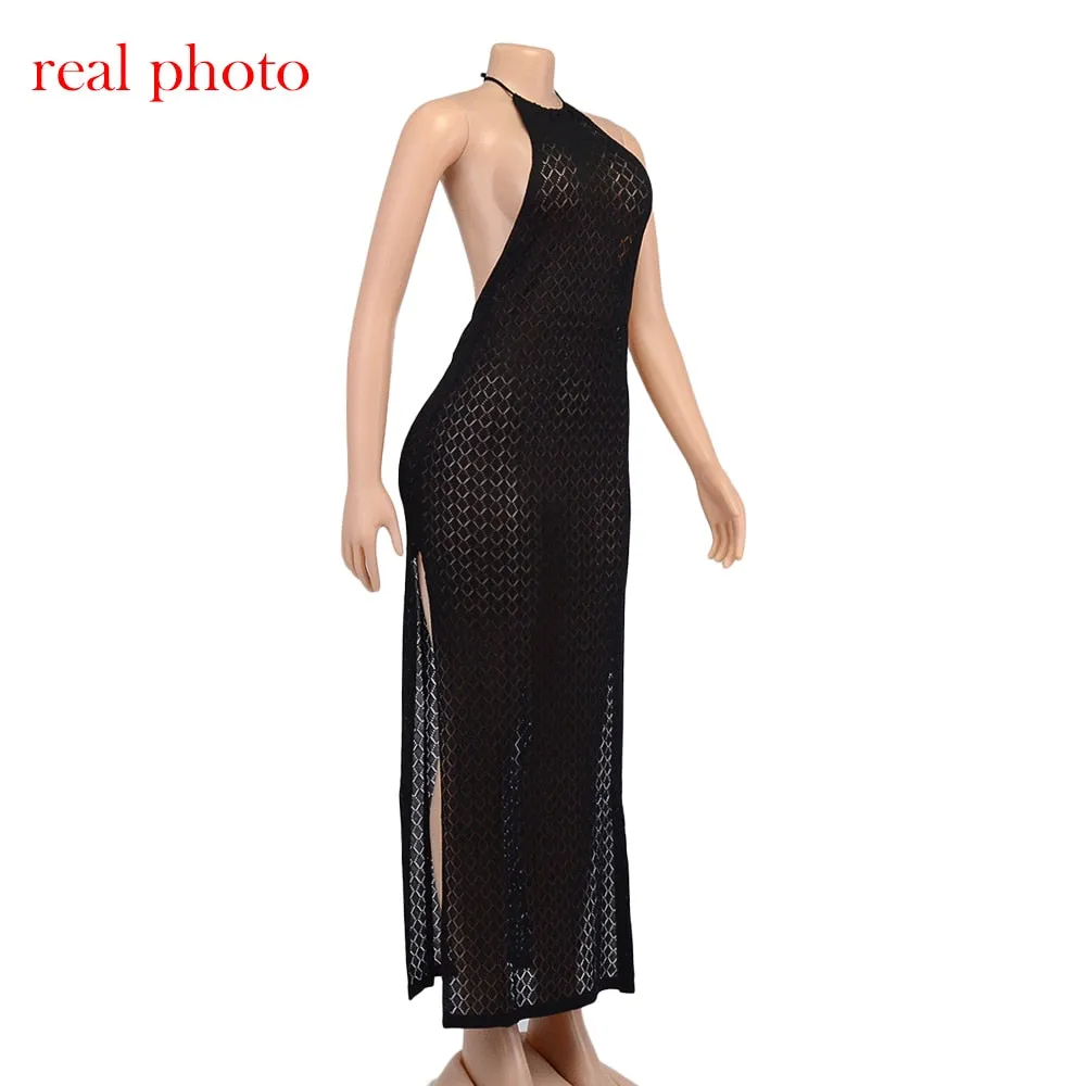 Makenna Knitted See-Through Backless Maxi Dress