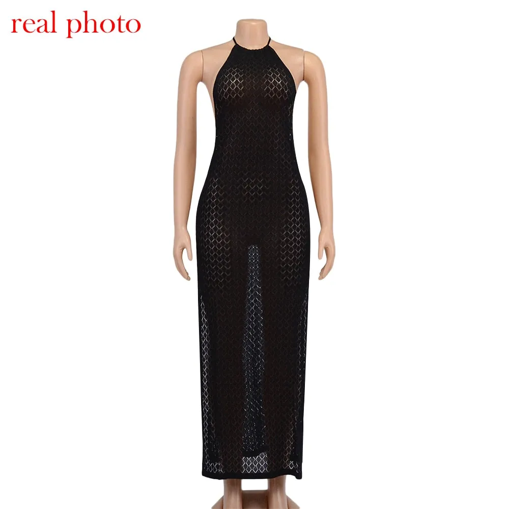 Makenna Knitted See-Through Backless Maxi Dress