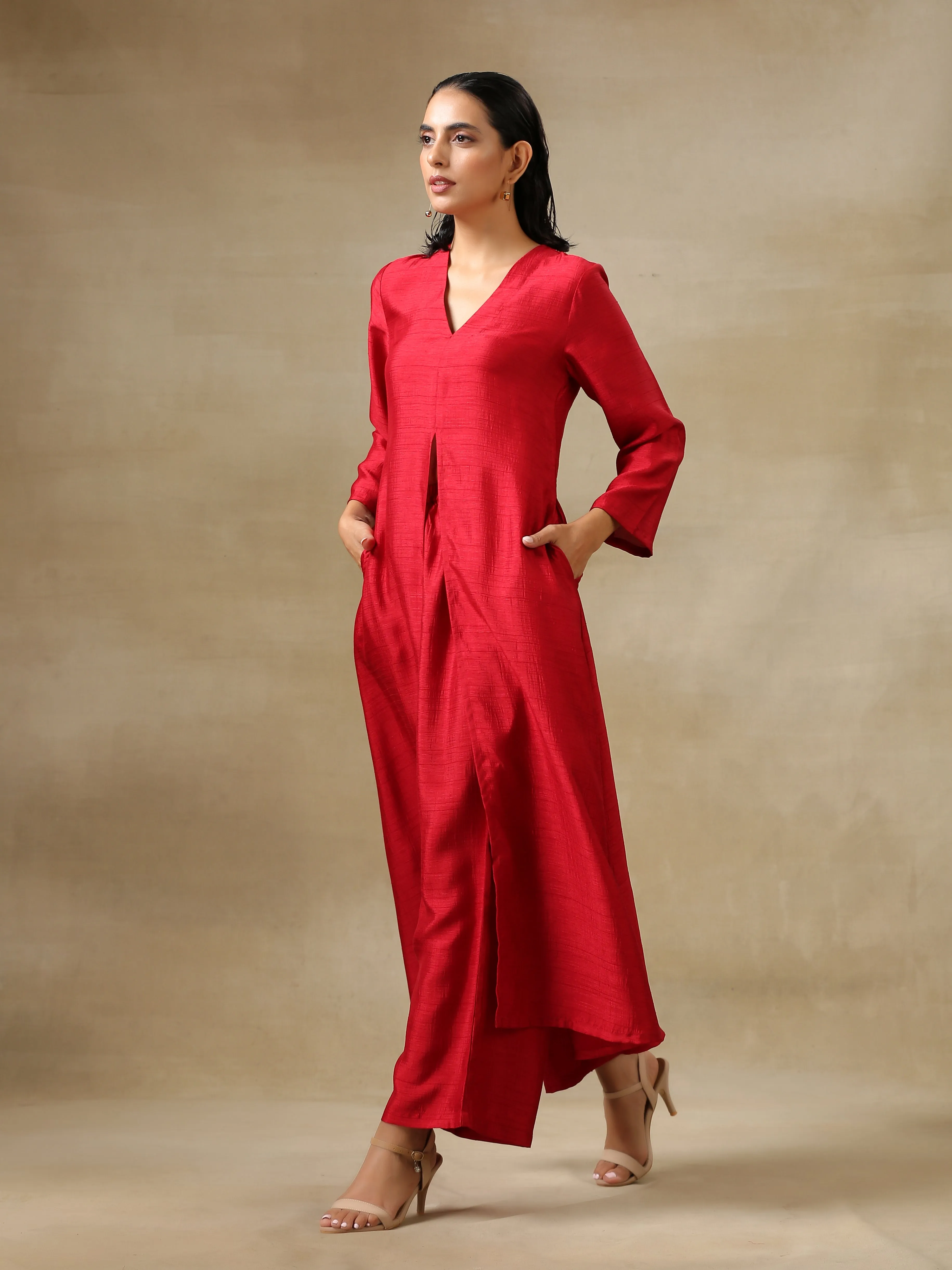 Maroon Textured Silk Front Slit Kurta Pant Set