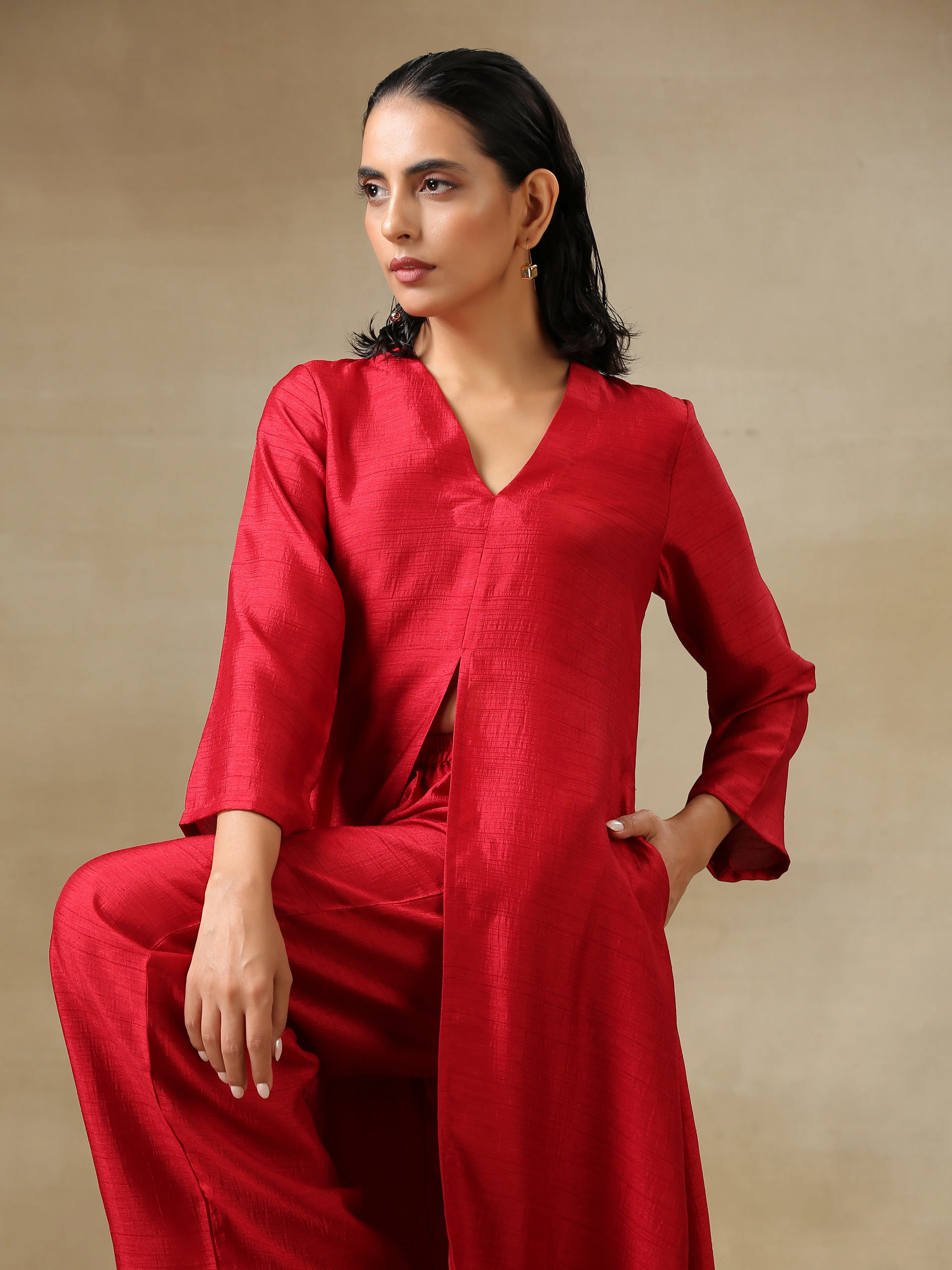 Maroon Textured Silk Front Slit Kurta Pant Set