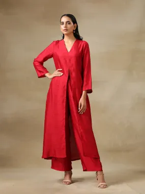 Maroon Textured Silk Front Slit Kurta Pant Set