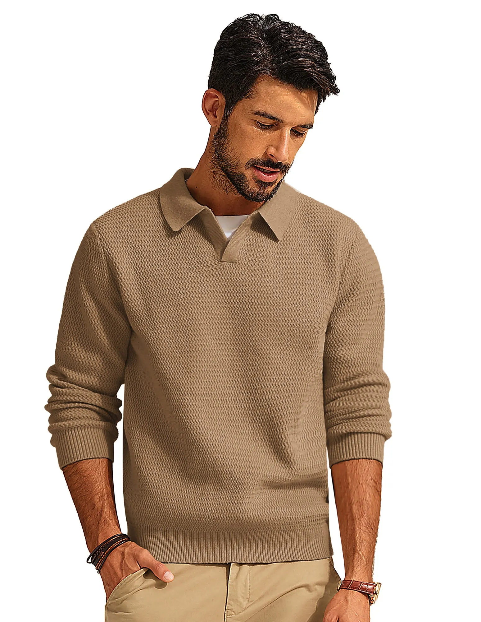 Men Fully Textured Sweater Long Sleeve Lapel Collar V-Neck Pullover Knitwear