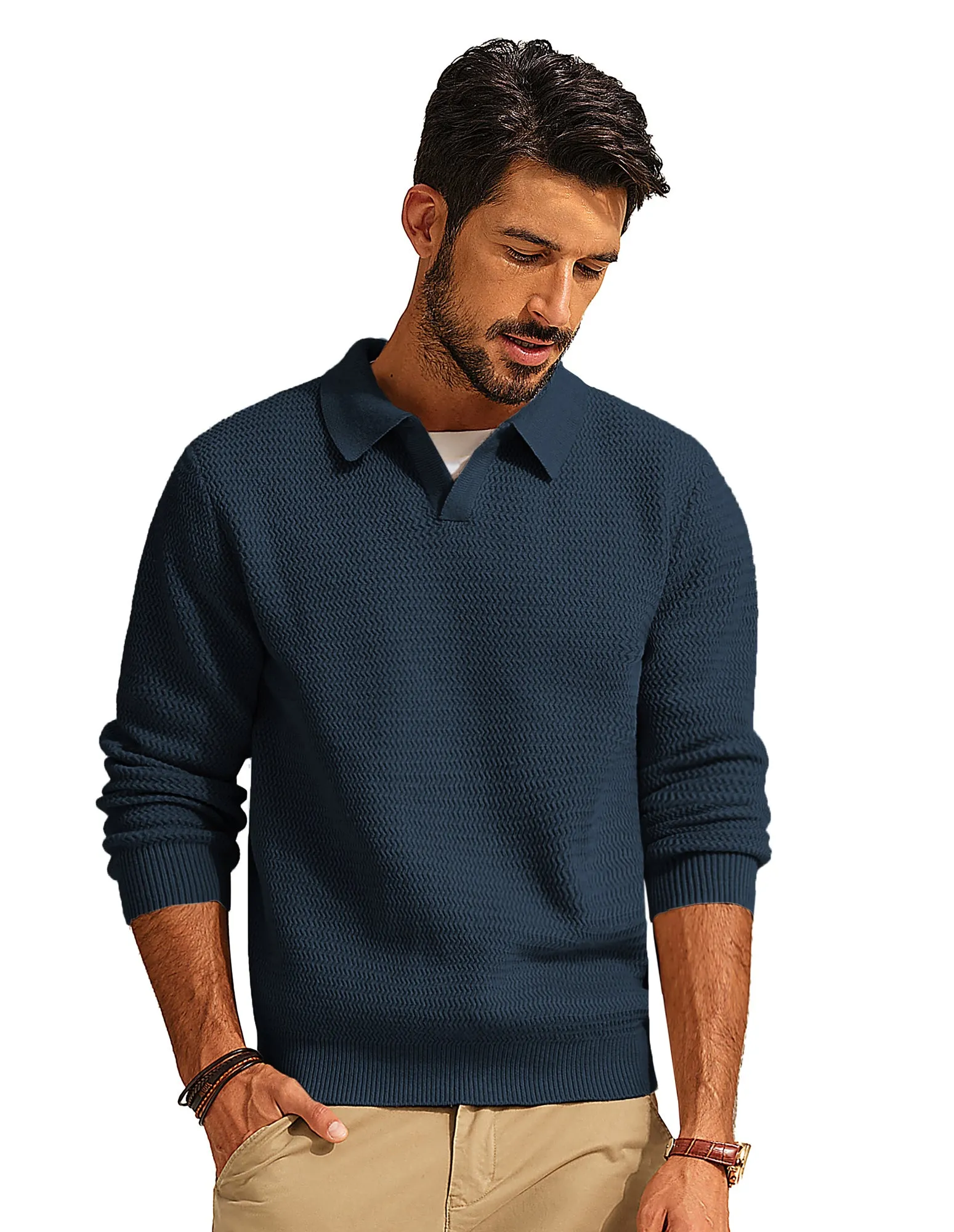 Men Fully Textured Sweater Long Sleeve Lapel Collar V-Neck Pullover Knitwear