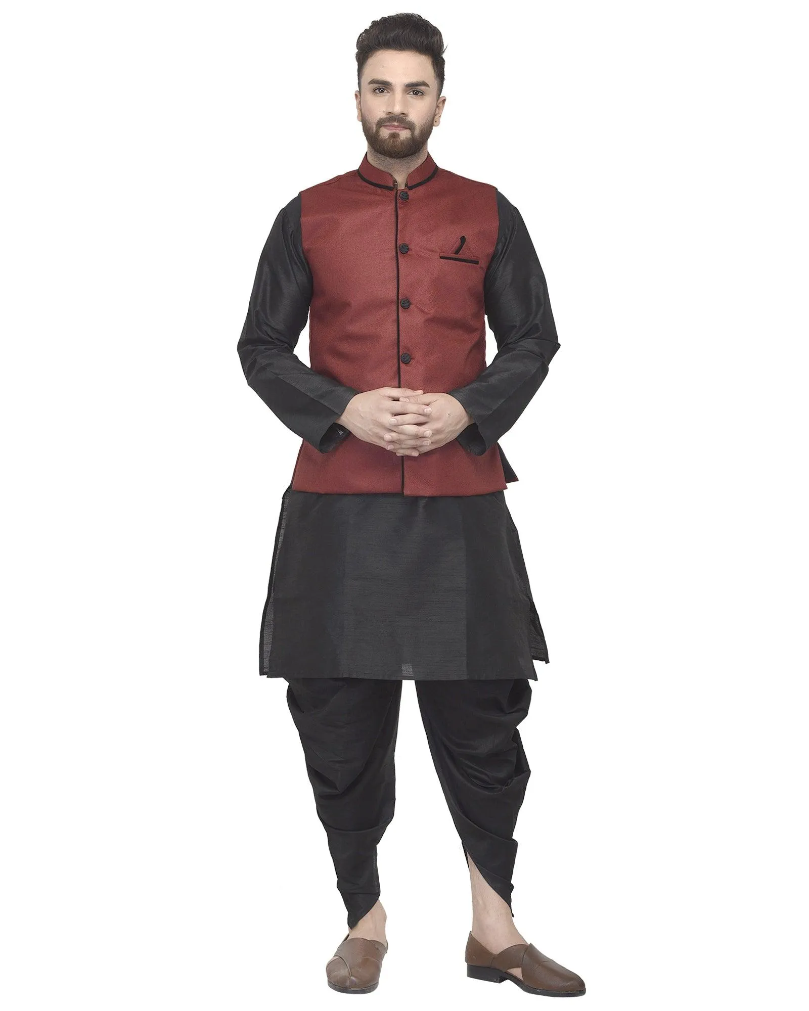 Men's Black Kurta With Dhoti & Maroon Solid Nehru Jacket - Benstoke