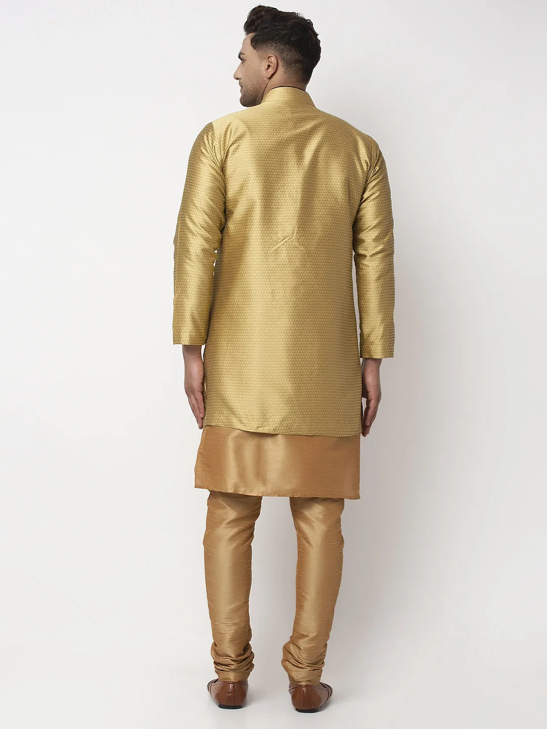 Men's Copper Kurta With Pyjama & Gold Self Design Jacket - Benstoke