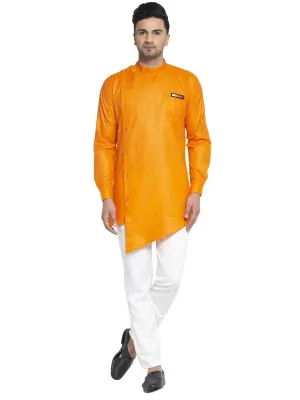 Men's Cotton Orange Asymmetric Solid Kurta With White Trousers - Benstoke