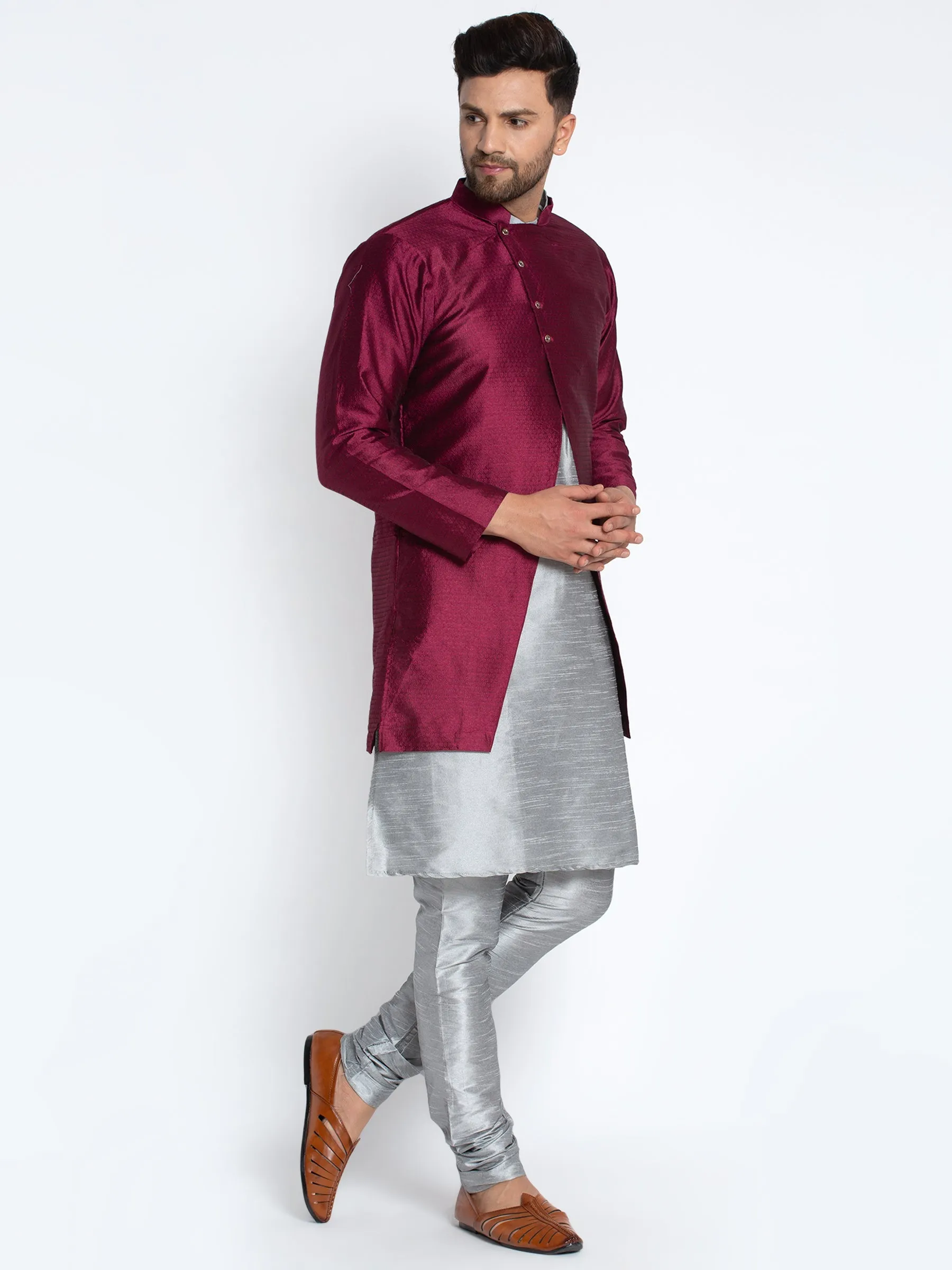 Men's Grey Kurta With Pyjama & Wine Self Design Jacket - Benstoke