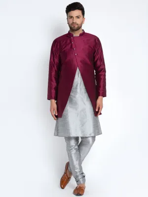 Men's Grey Kurta With Pyjama & Wine Self Design Jacket - Benstoke