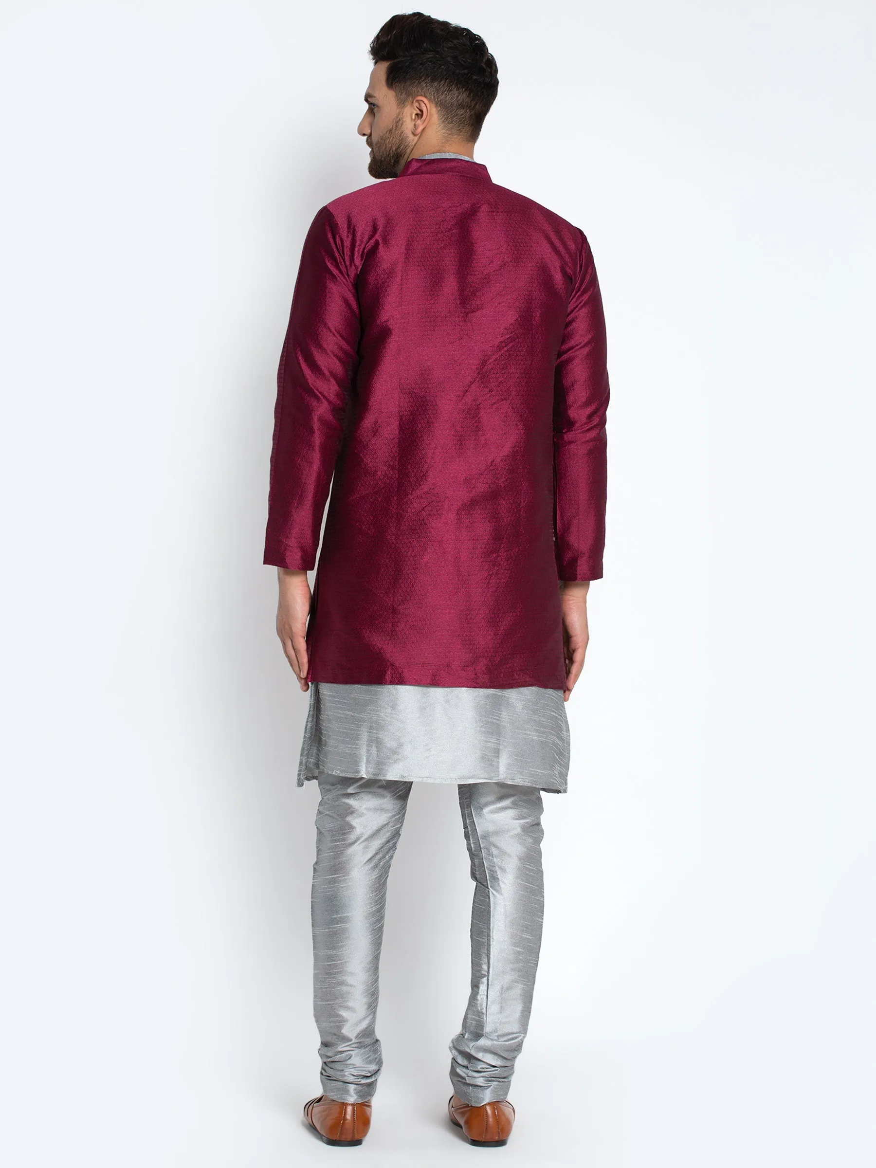 Men's Grey Kurta With Pyjama & Wine Self Design Jacket - Benstoke