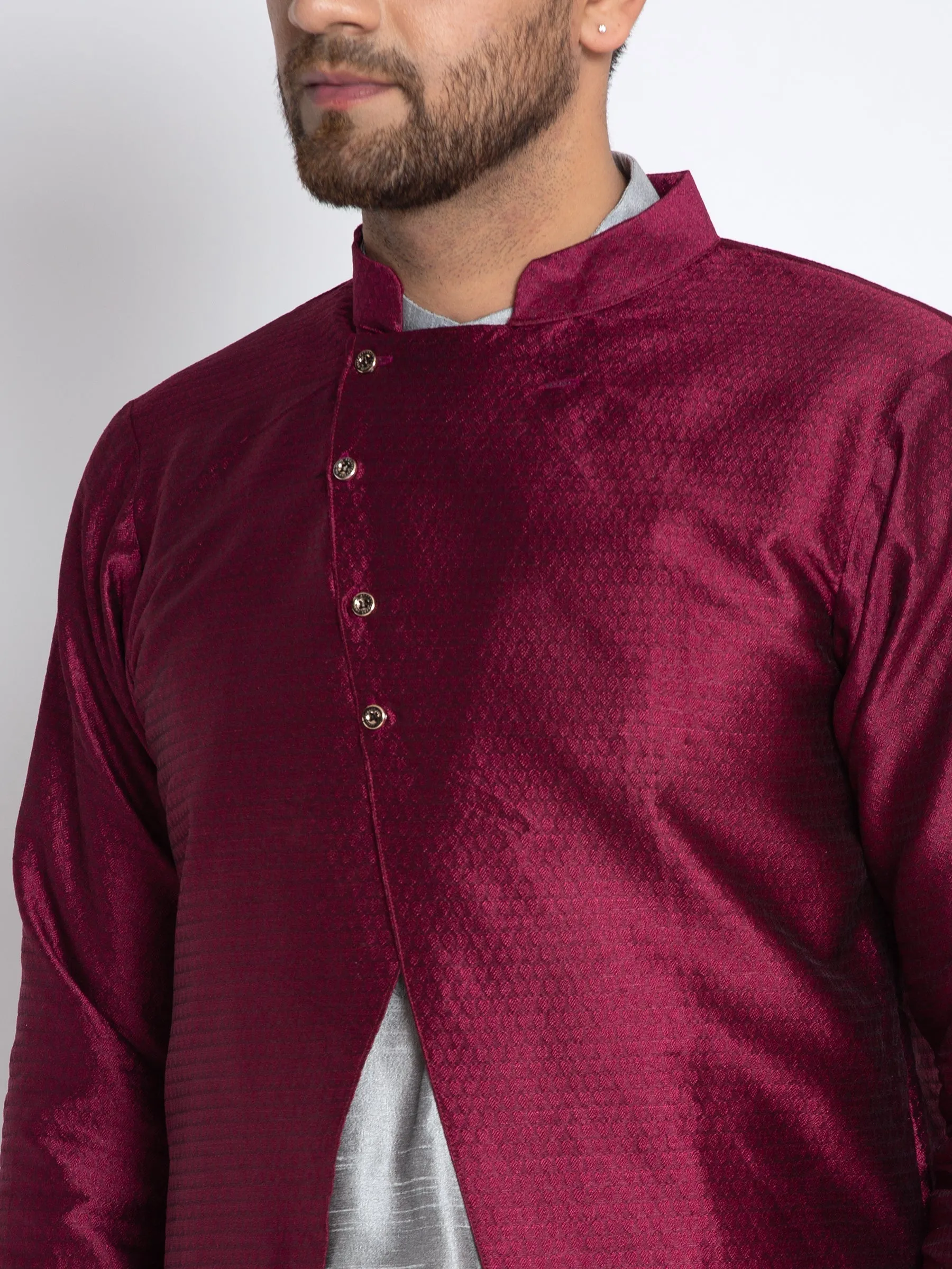 Men's Grey Kurta With Pyjama & Wine Self Design Jacket - Benstoke