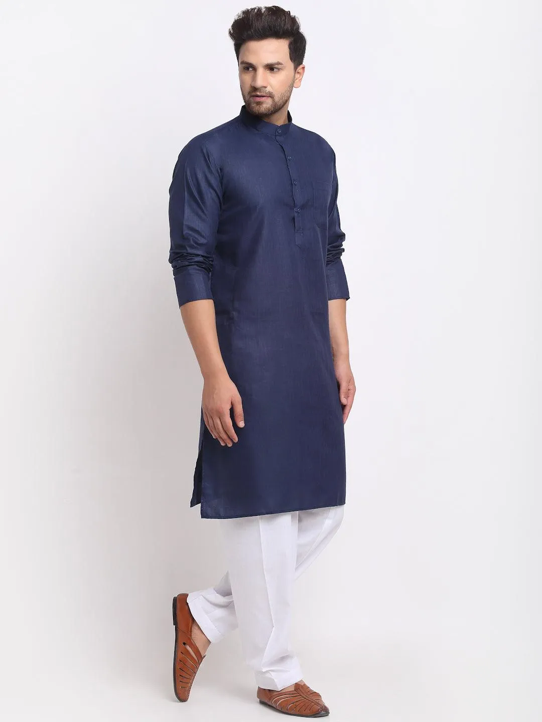 Men's Navy Blue Solid Kurta With White Salwar - Benstoke