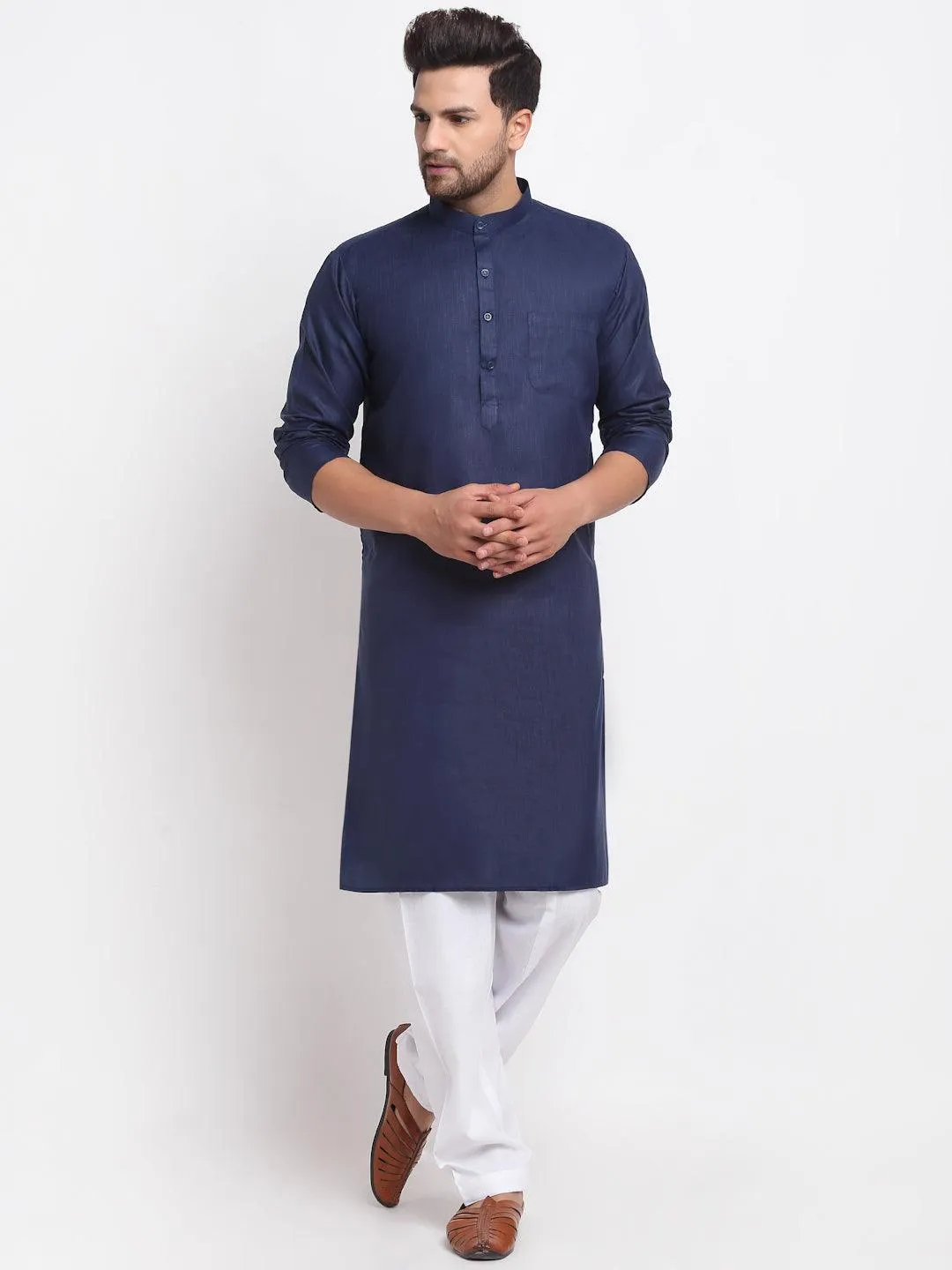 Men's Navy Blue Solid Kurta With White Salwar - Benstoke