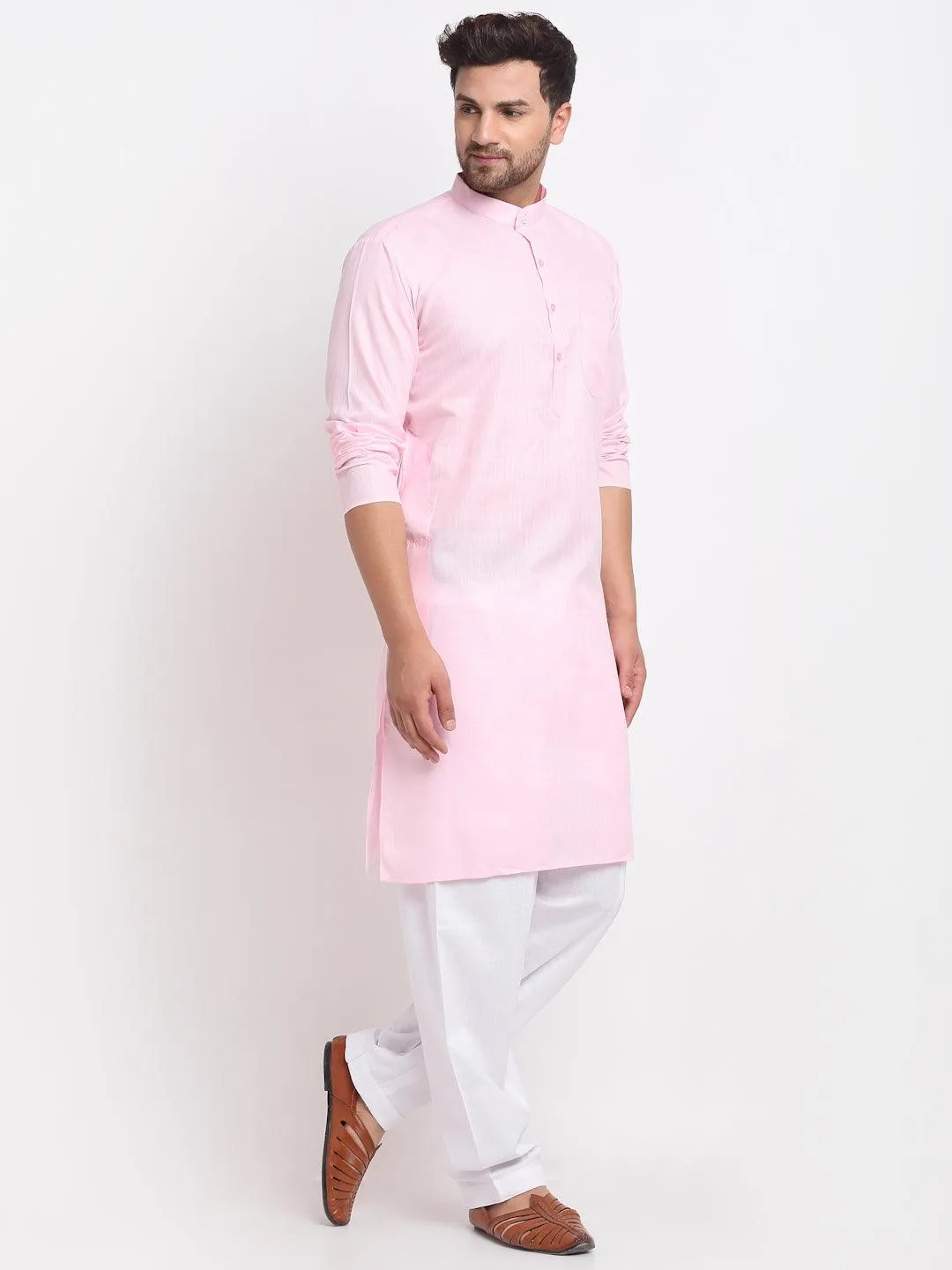 Men's Pink Solid Kurta With White Salwar - Benstoke