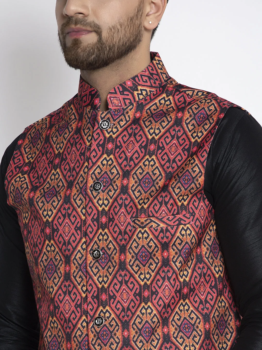 Men's Silk Blend Black Kurta With Pyjama & Rust Printed Nehru Jacket - Benstoke