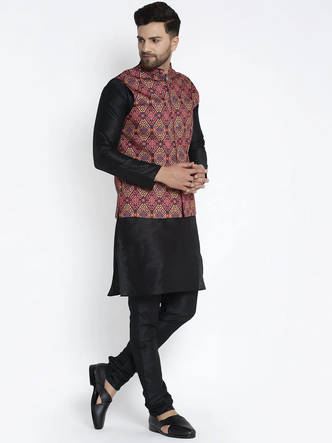 Men's Silk Blend Black Kurta With Pyjama & Rust Printed Nehru Jacket - Benstoke