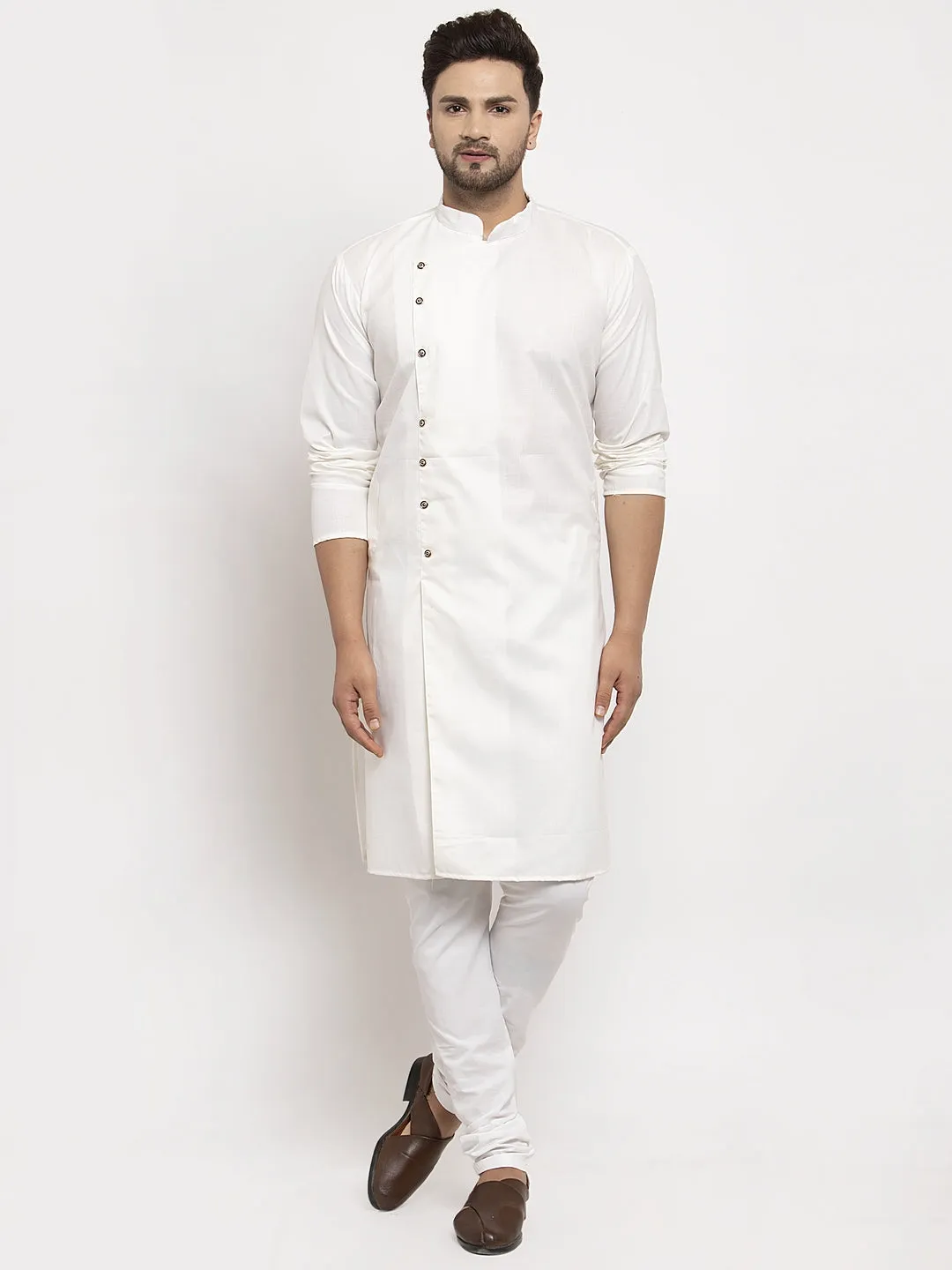 Men's White Solid Kurta With White Churidaar Pyjama - Benstoke