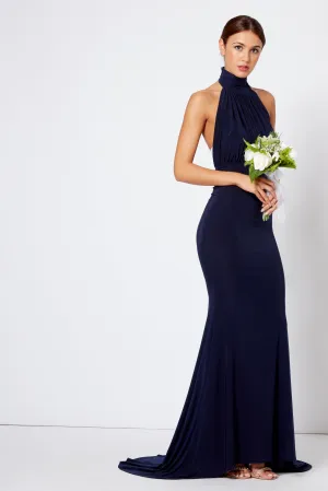 Navy Backless Halter Neck Maxi Bridesmaid Dress