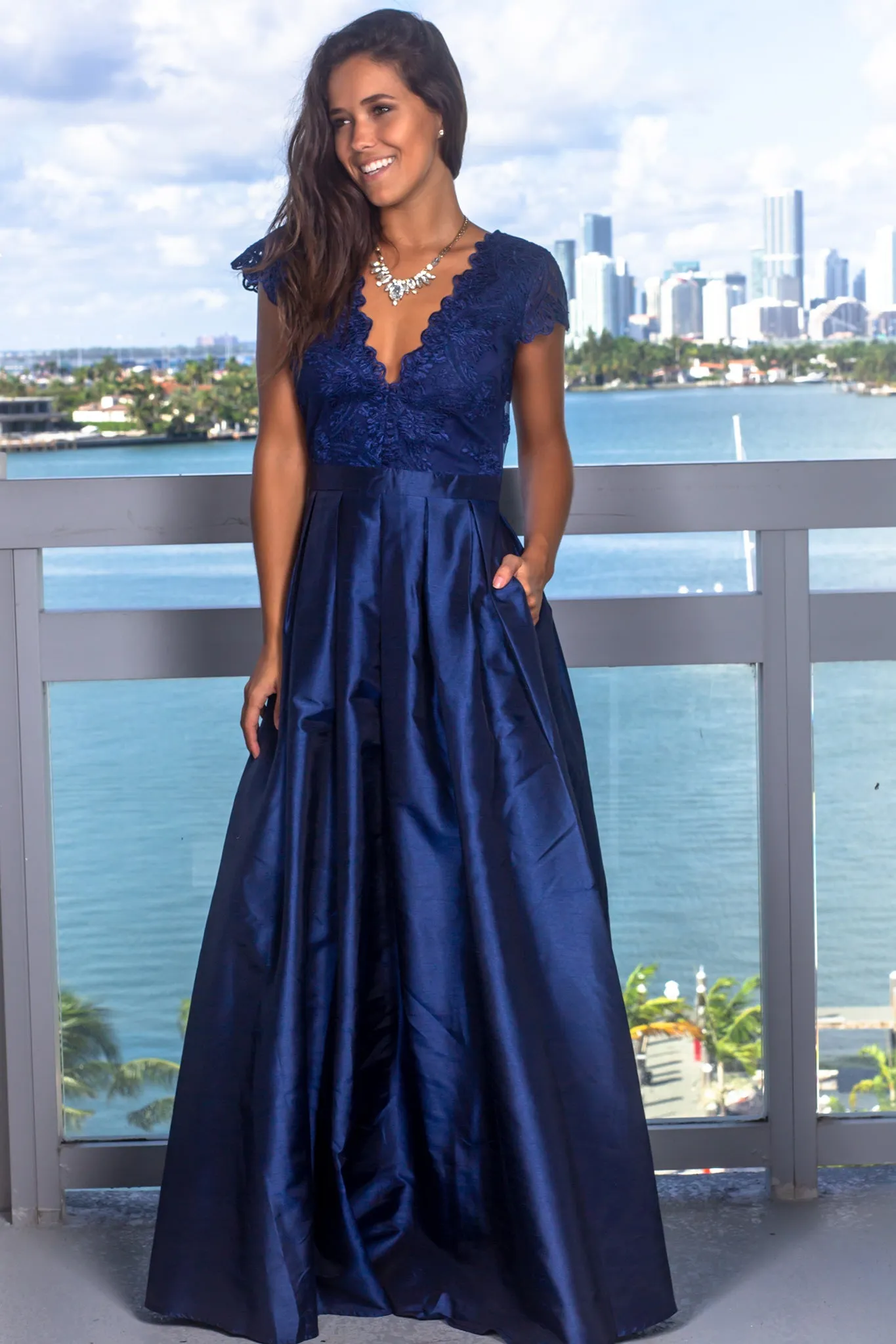 Navy Short Sleeve Maxi Dress with Embroidered Top