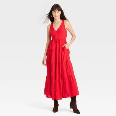 New - Women's Tiered Maxi A-Line Dress - Universal Thread Red S