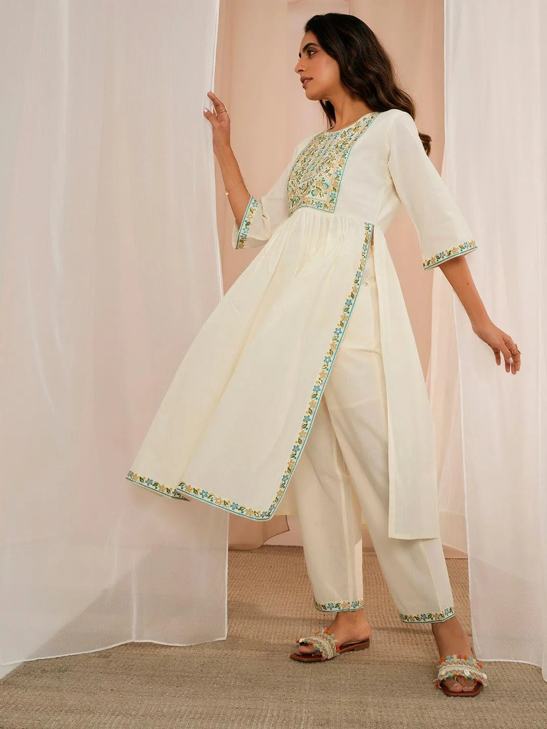 Off White Yoke Design Cotton A-Line Kurta With Palazzos & Dupatta