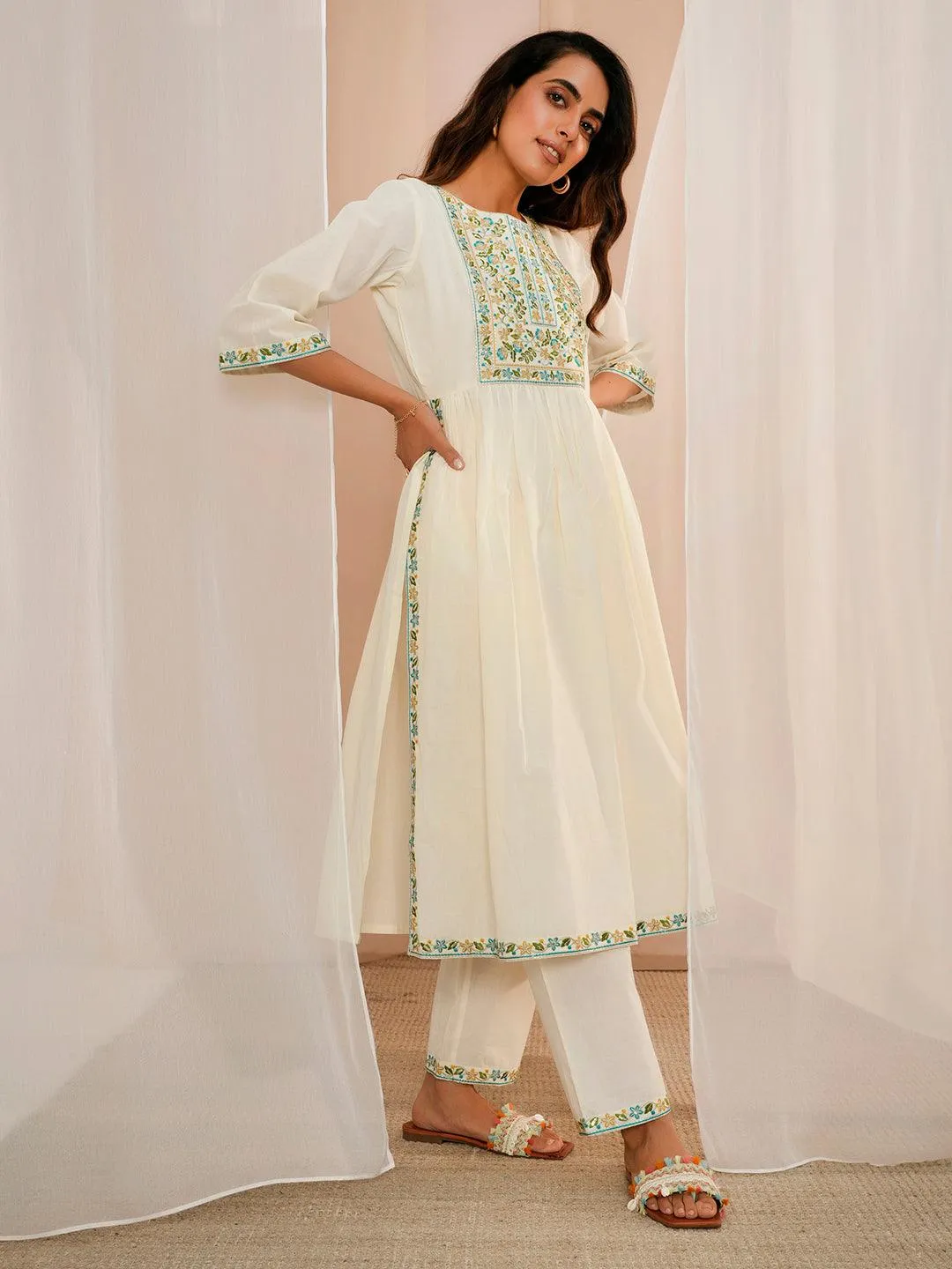 Off White Yoke Design Cotton A-Line Kurta With Palazzos & Dupatta