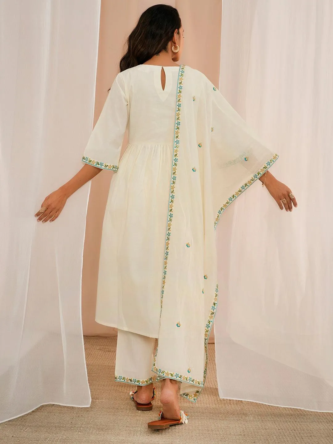 Off White Yoke Design Cotton A-Line Kurta With Palazzos & Dupatta