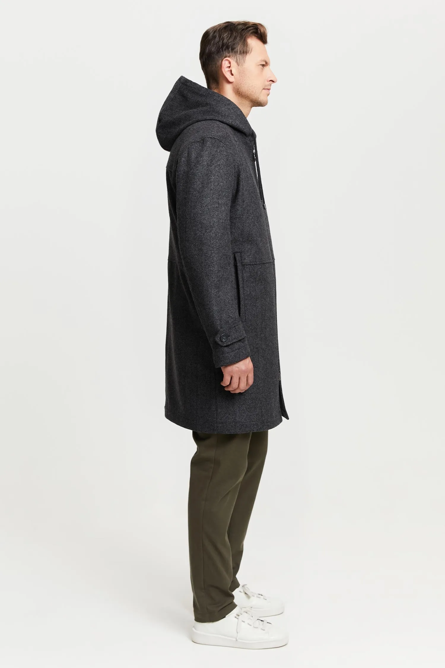 Paavo Herringbone Wool Parka Coat Grey