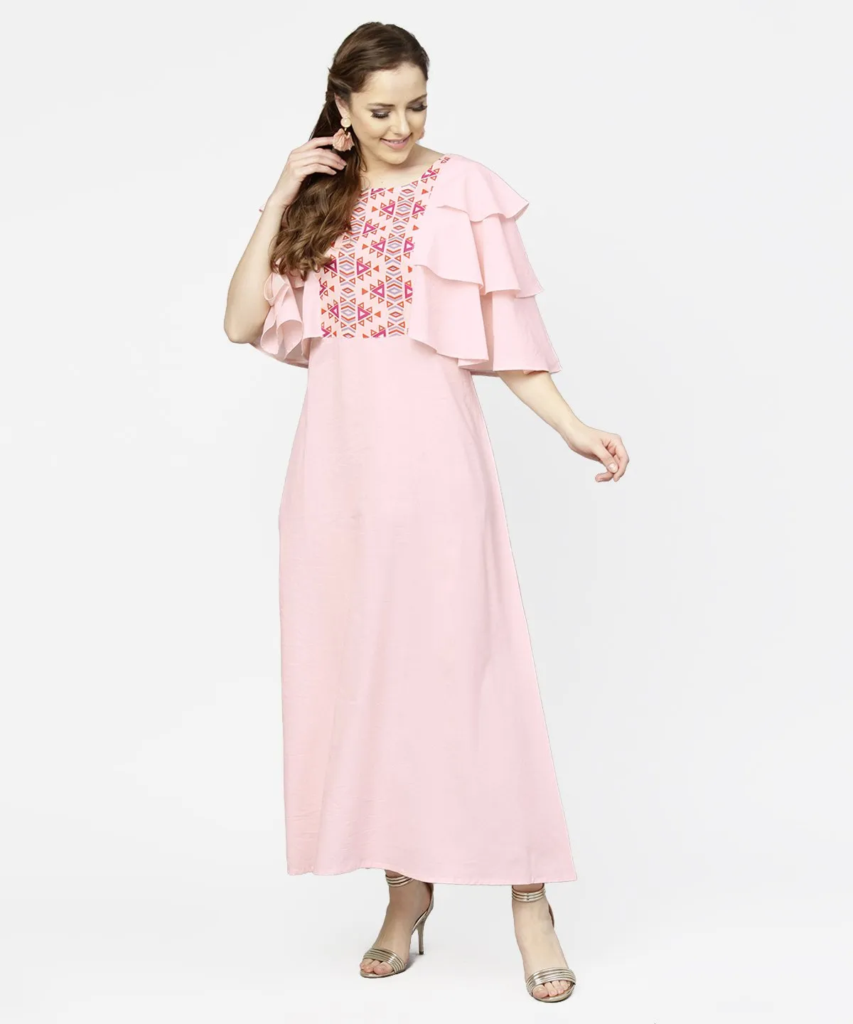 Peach Yoke Printed Flared Sleeve Cotton Maxi Dress