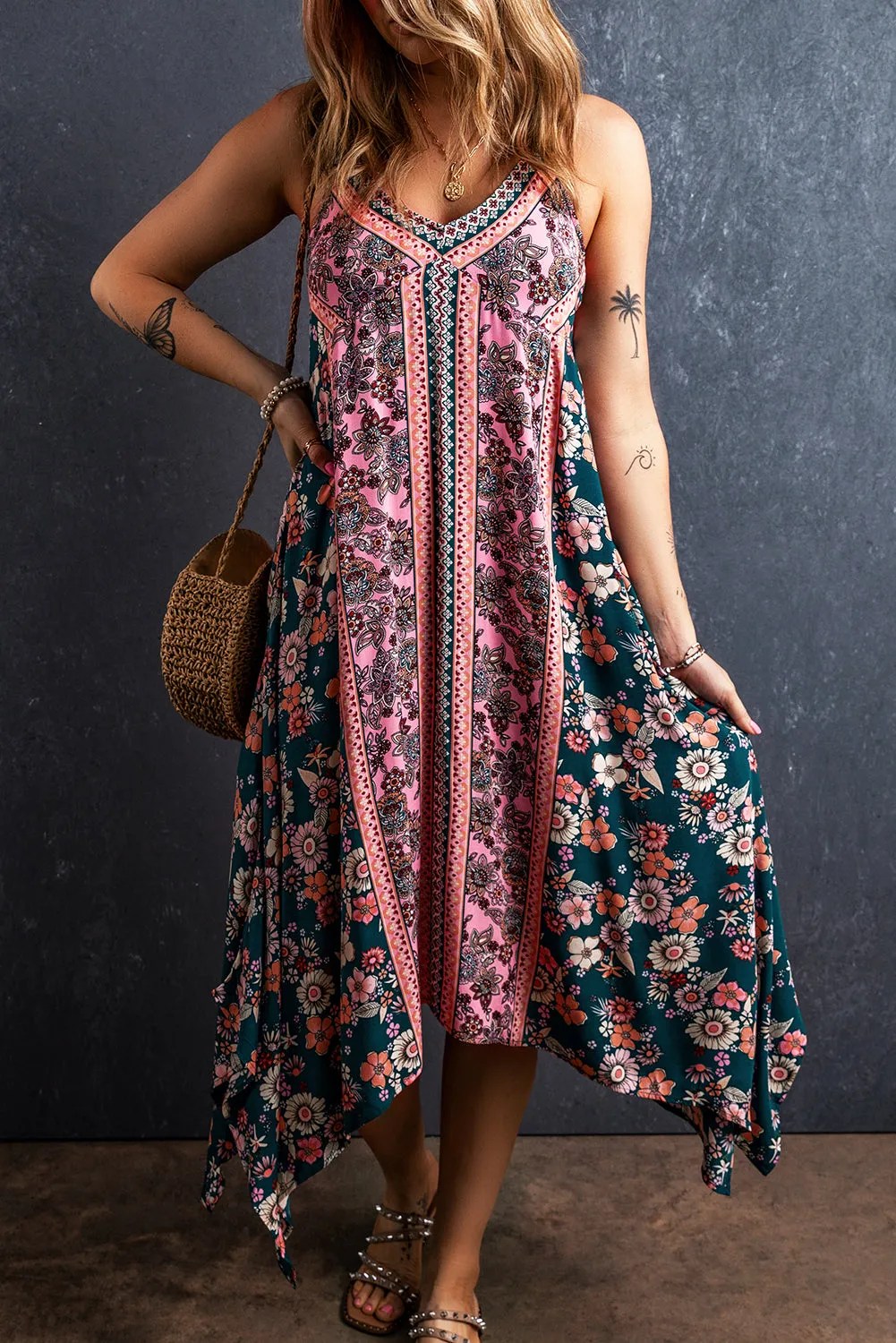 Pink Bohemian Floral Patchwork Print Maxi Sundress