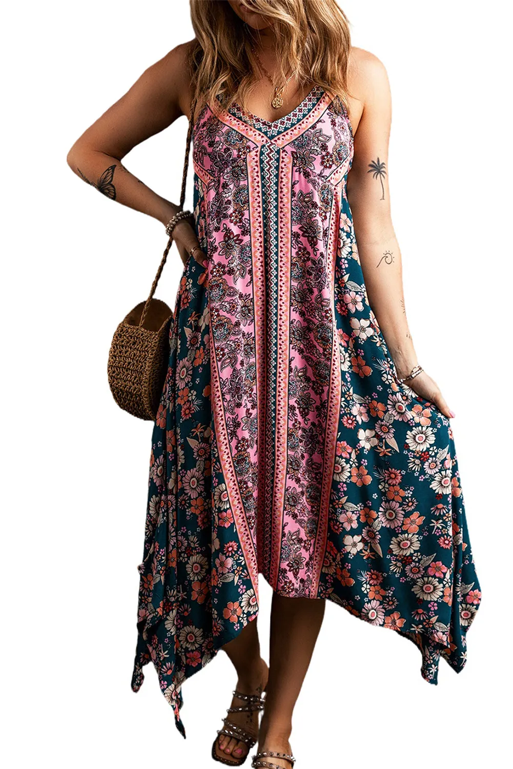 Pink Bohemian Floral Patchwork Print Maxi Sundress