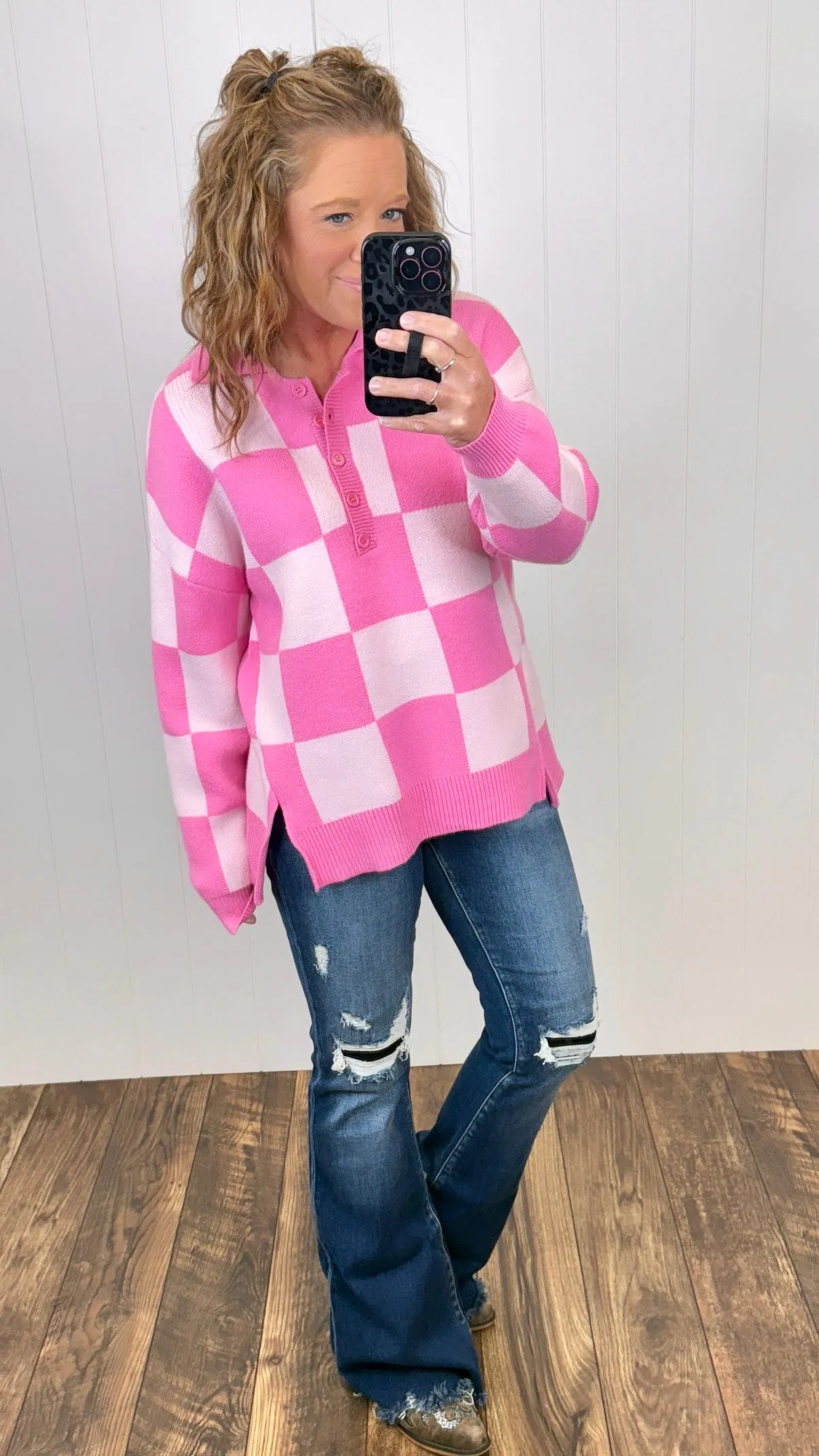 Pink Checkered Collared Sweater (SM-XL)