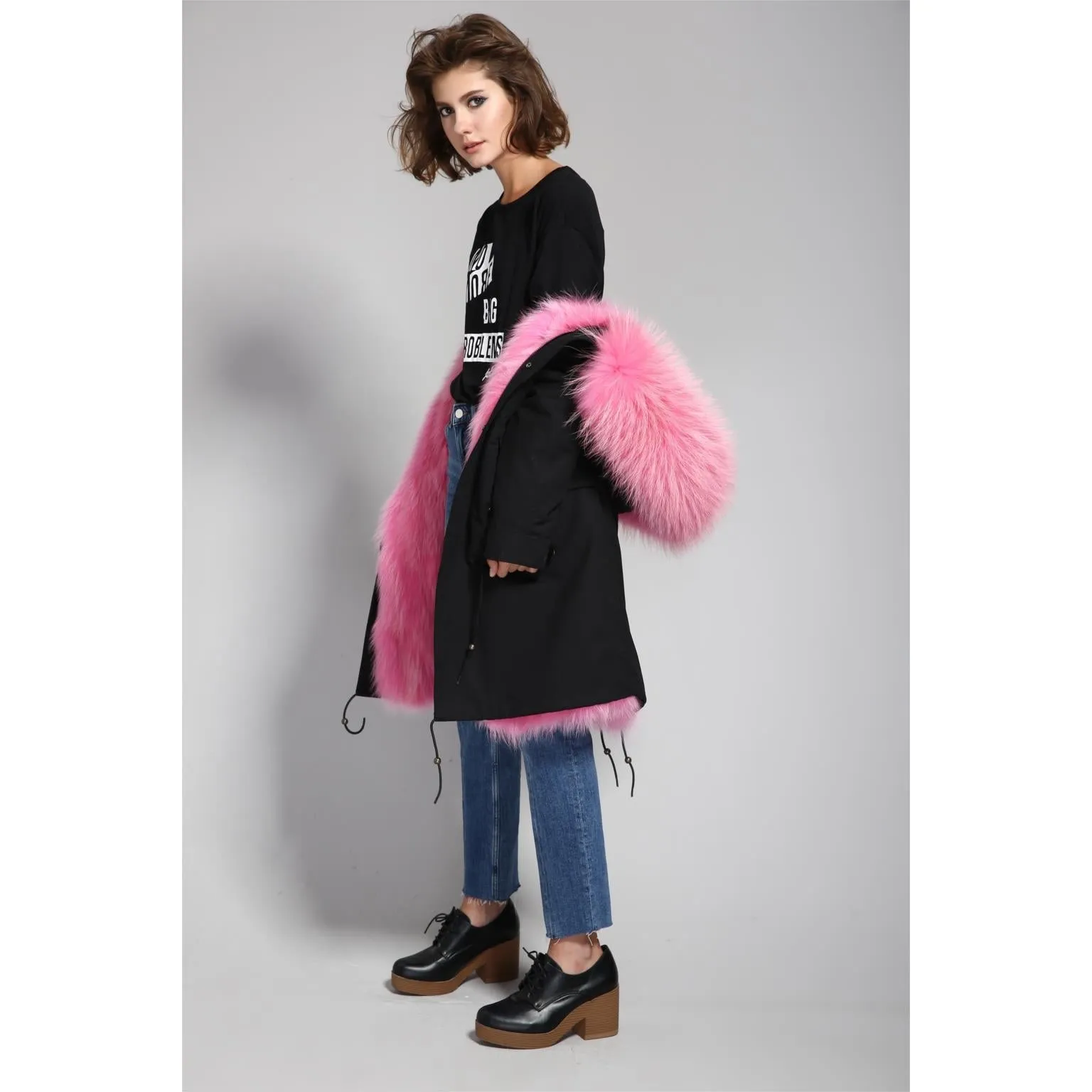 Pink Fur Black Parka