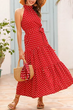 Polka Dot Halter Maxi Dress With Belt